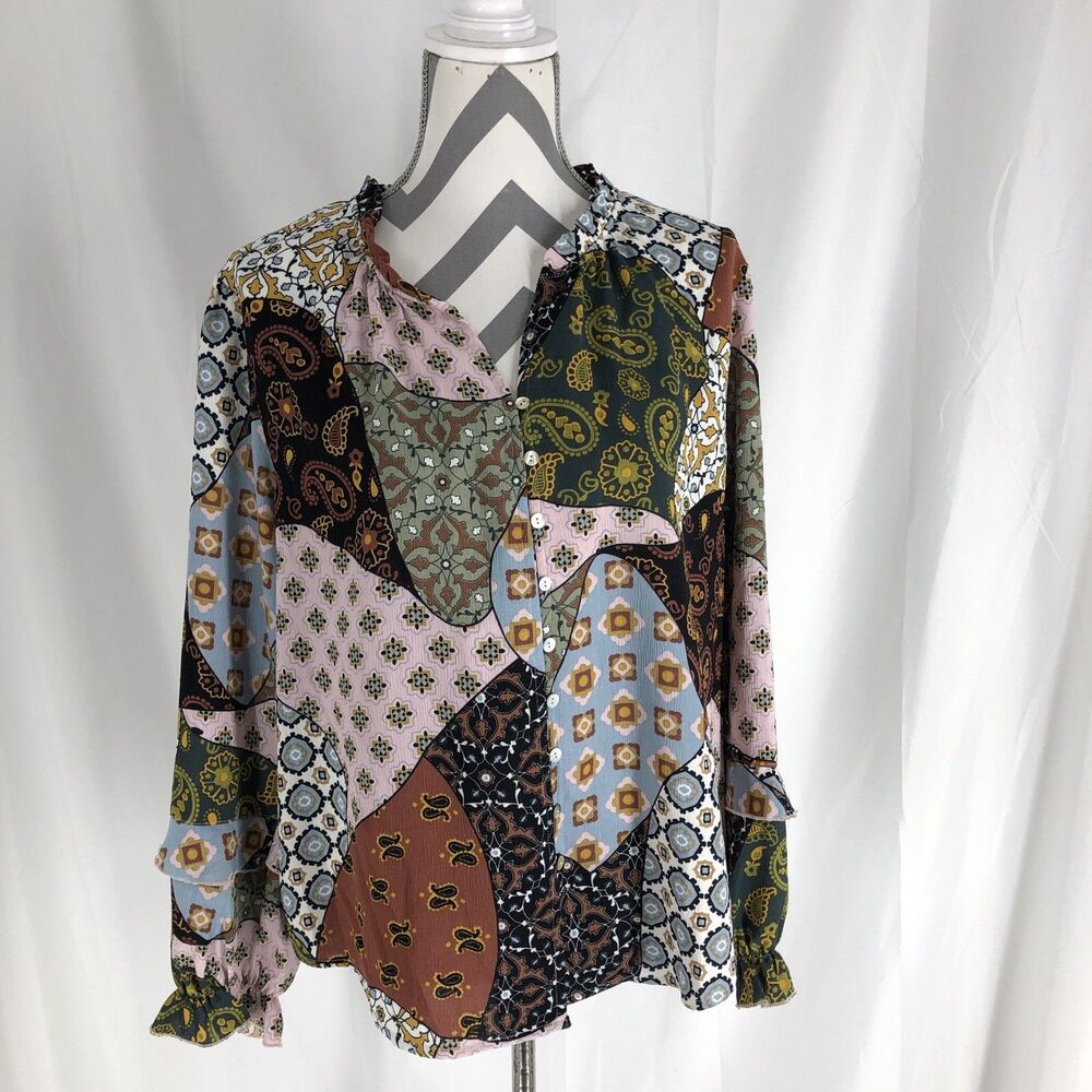 Tribal Women’s Blouse Large Patchwork Boho Peasant Artsy